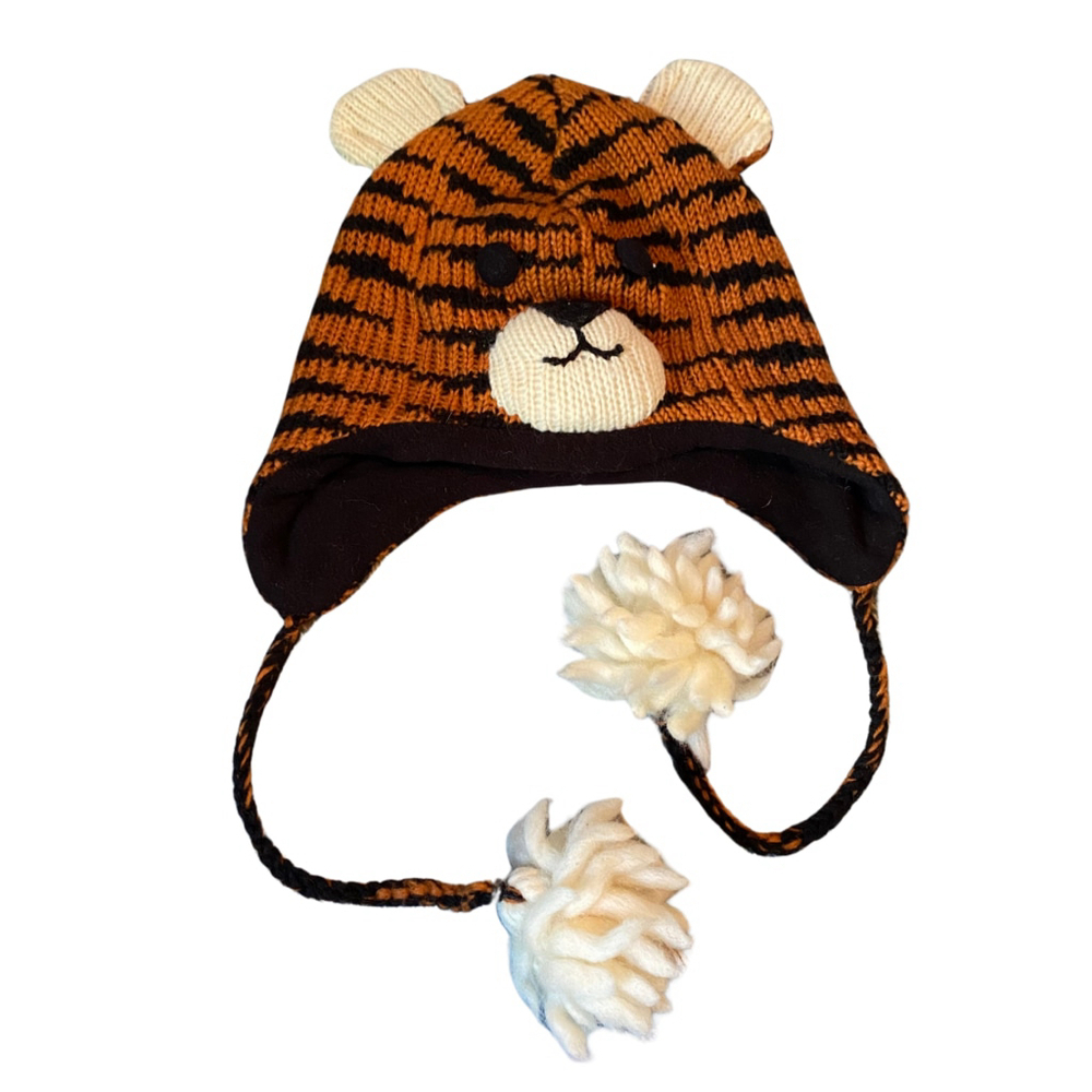 Unisex deLux Hat Orange Black Tiger One Size 100% Wool Ear Flap Knit Winter Cap